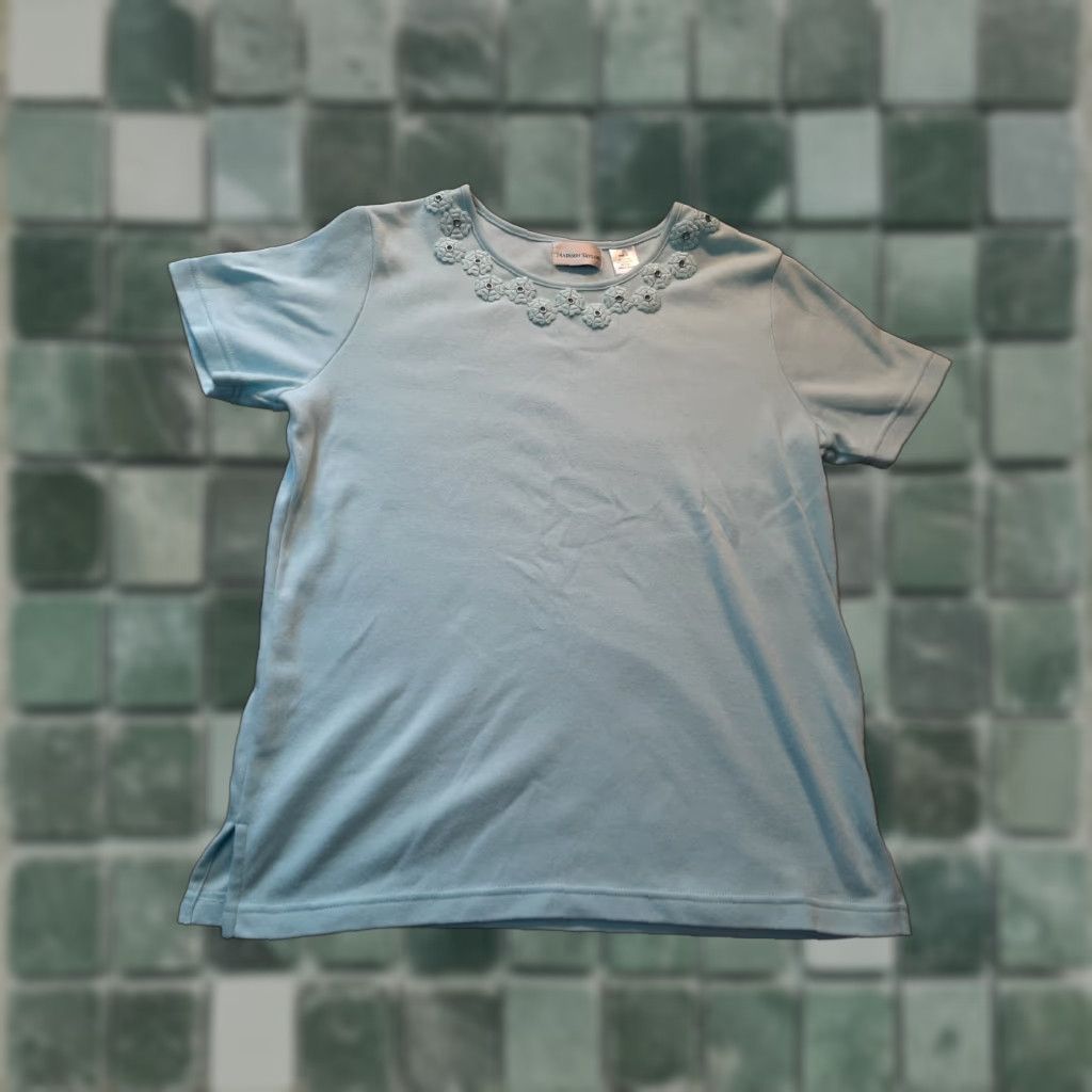 Madison Madison Taylor Shirt Woman Top Small S Short Sleeve Light Blue Floral trim Shirt Size S / US 4 / IT 40 - 1 Thumbnail