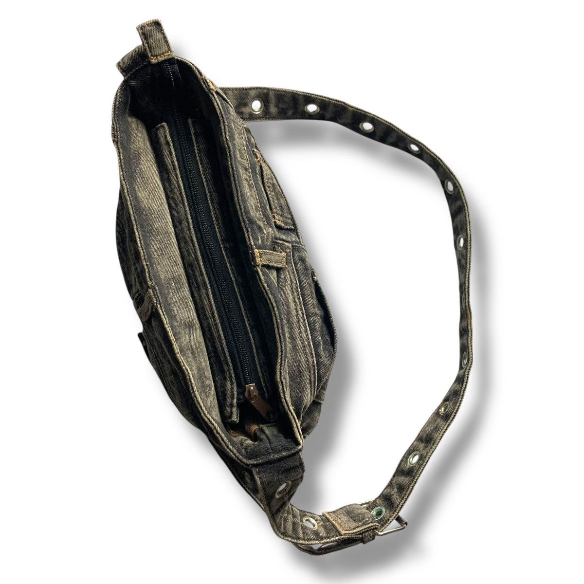 Le Grande Bleu (L.G.B.) Y2K HANDMADE 9 POCKETS LACE UP WASHED DENIM SLING BAG Size ONE SIZE - 3 Thumbnail
