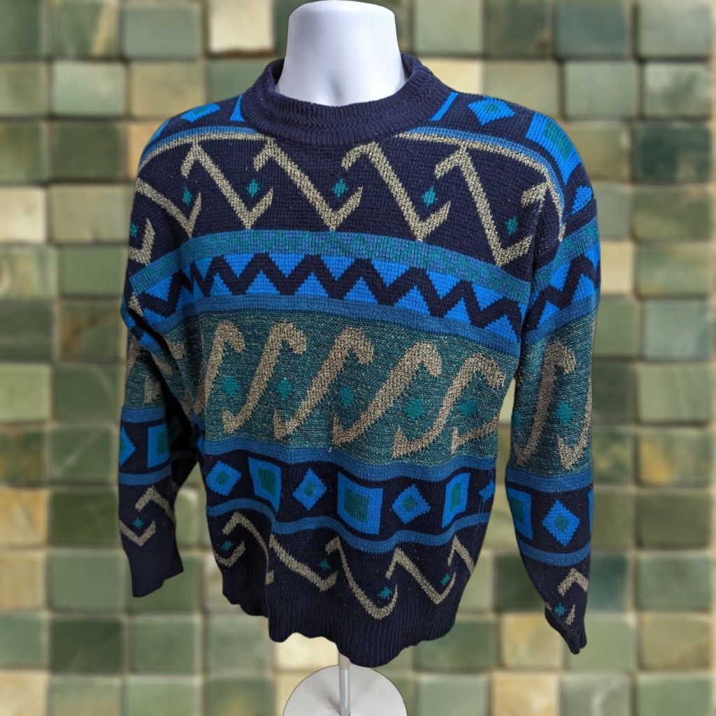 Vintage VINTAGE Expressions Geometric Cosby Sweater Mens L Crewneck Jumper 80s 90s Blue Holiday Fall Winter Size US L / EU 52-54 / 3 - 1 Thumbnail