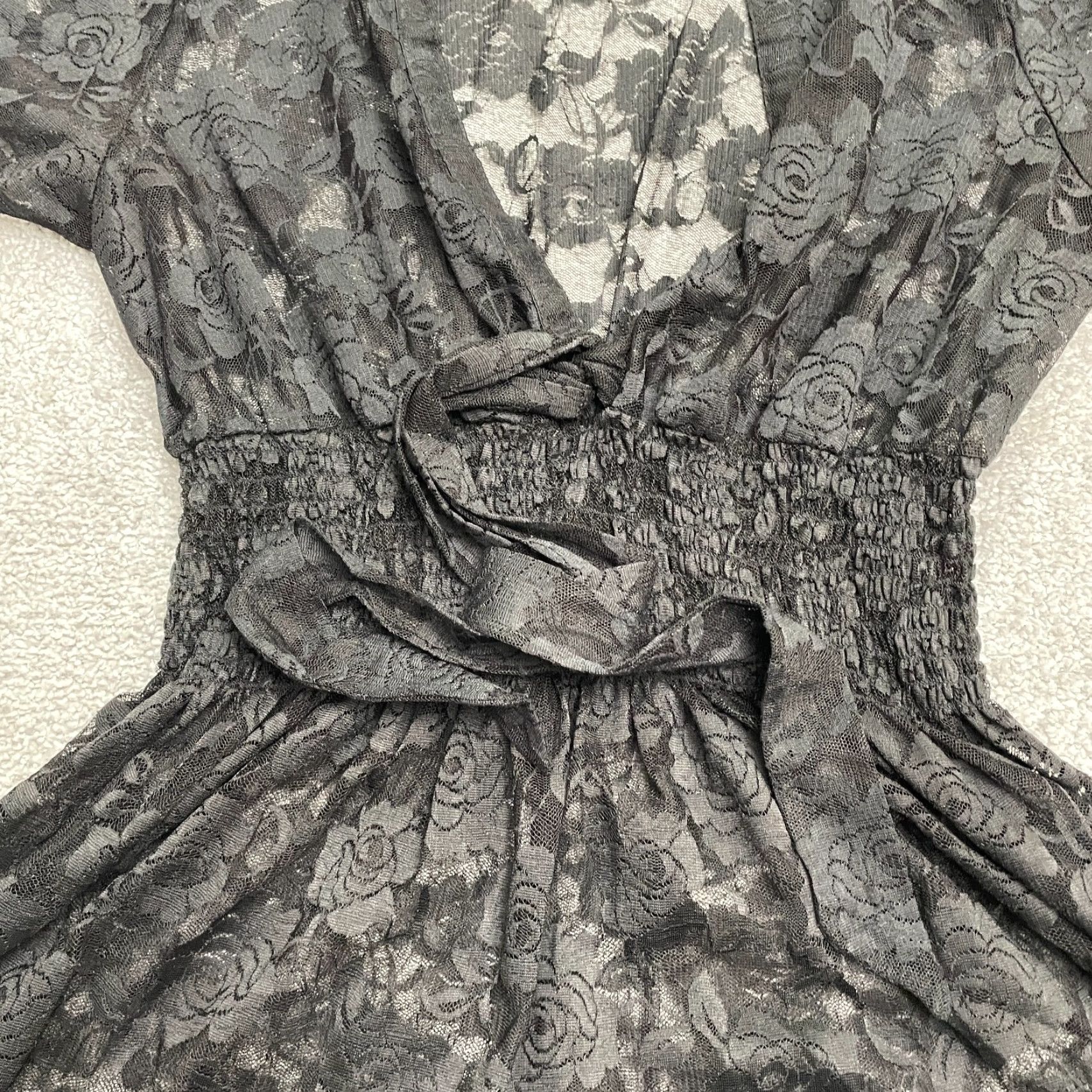 Vintage Eyeshadow Dress Women A-Line Mini 0 Black Lace Short Sleeve V-Neck Casual Smocked Lightweight Summer Size 25" / US 0 / IT 36 - 3 Thumbnail