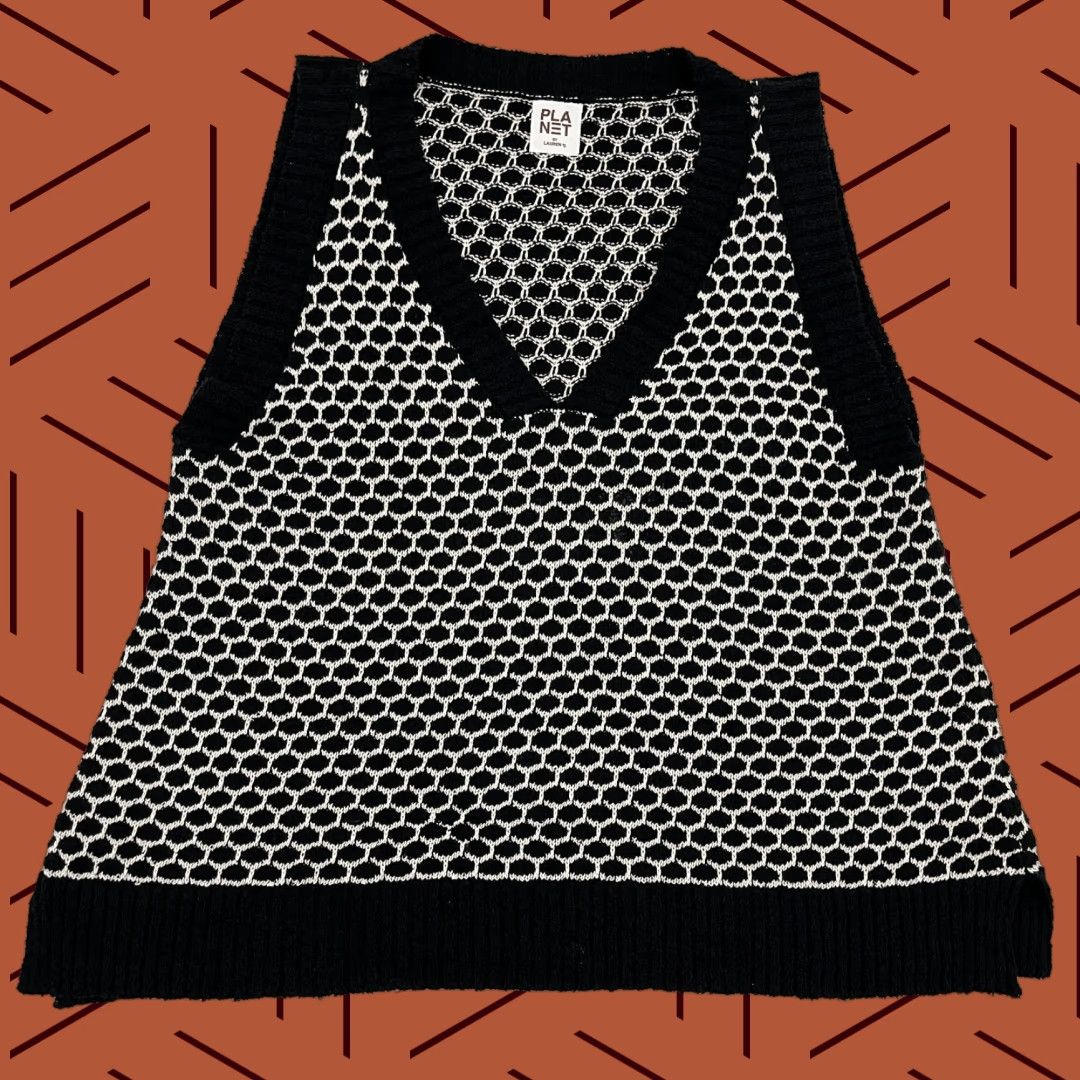 Vintage VINTAGE Planet by Lauren G Sweater Vest Womens OS Black White Knit Abstract Artsy V-Neck Size L / US 10 / IT 46 - 1 Thumbnail