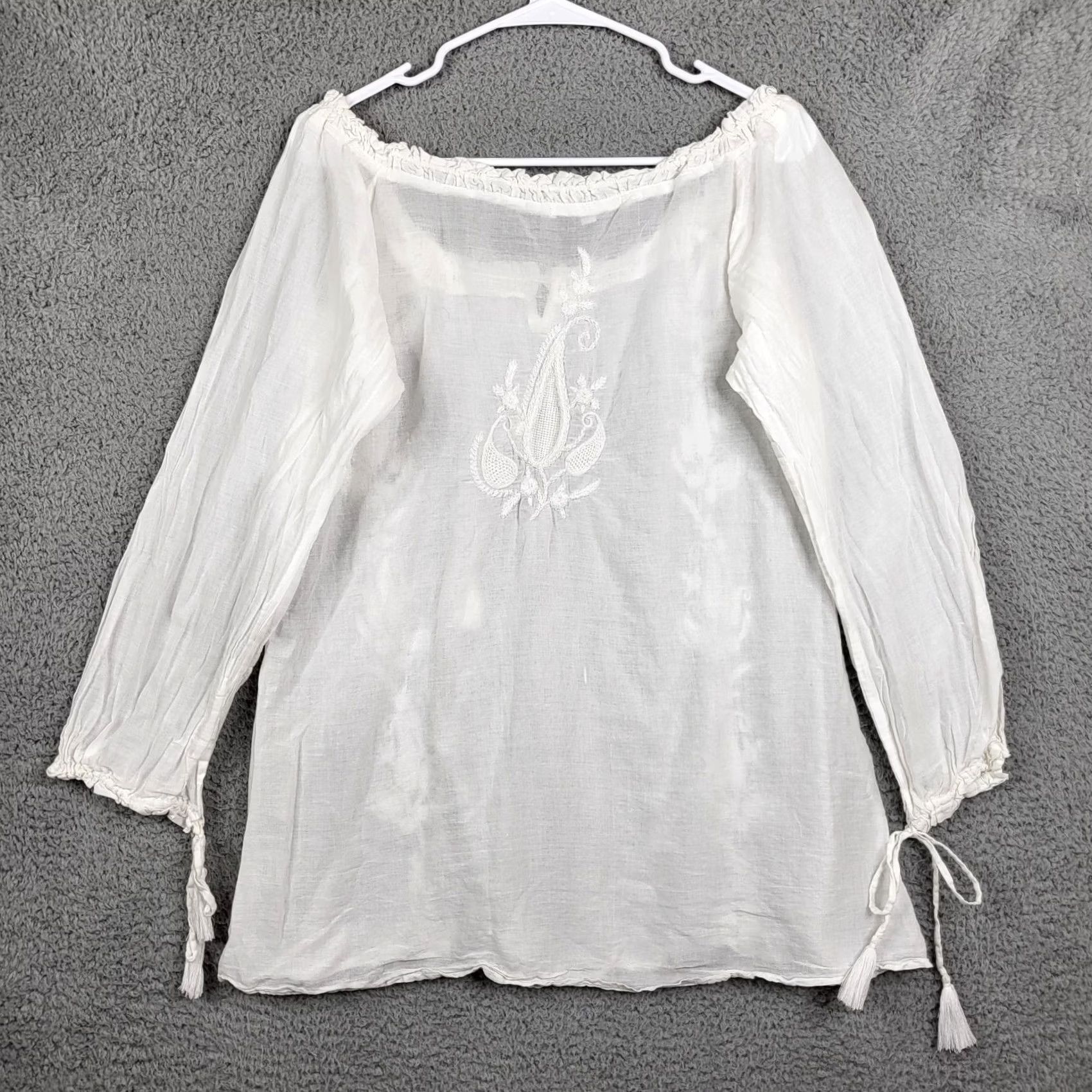 Vintage OndadeMar Blouse Long Sleeve Tunic Top Tie Embroidered Floral Keyhole V-Neck White Cotton Blend Size M Womens Size M / US 6-8 / IT 42-44 - 6 Thumbnail