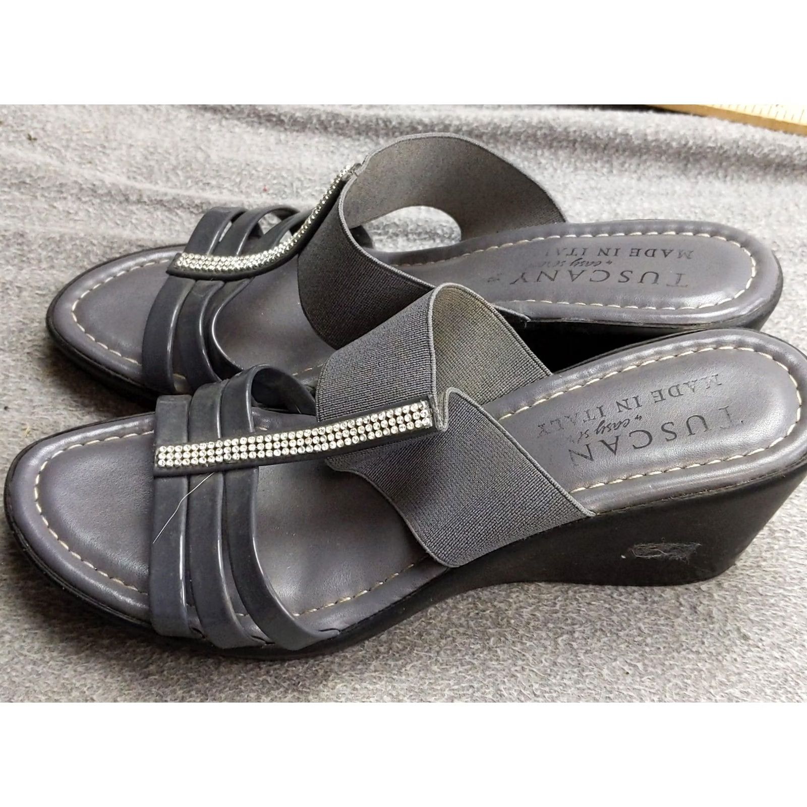Vintage Tuscany by Easy Street Sandals Womens 6.5 Gray Stretch Wedge Rhinestone Slide Size US 7 / IT 37 - 2 Thumbnail