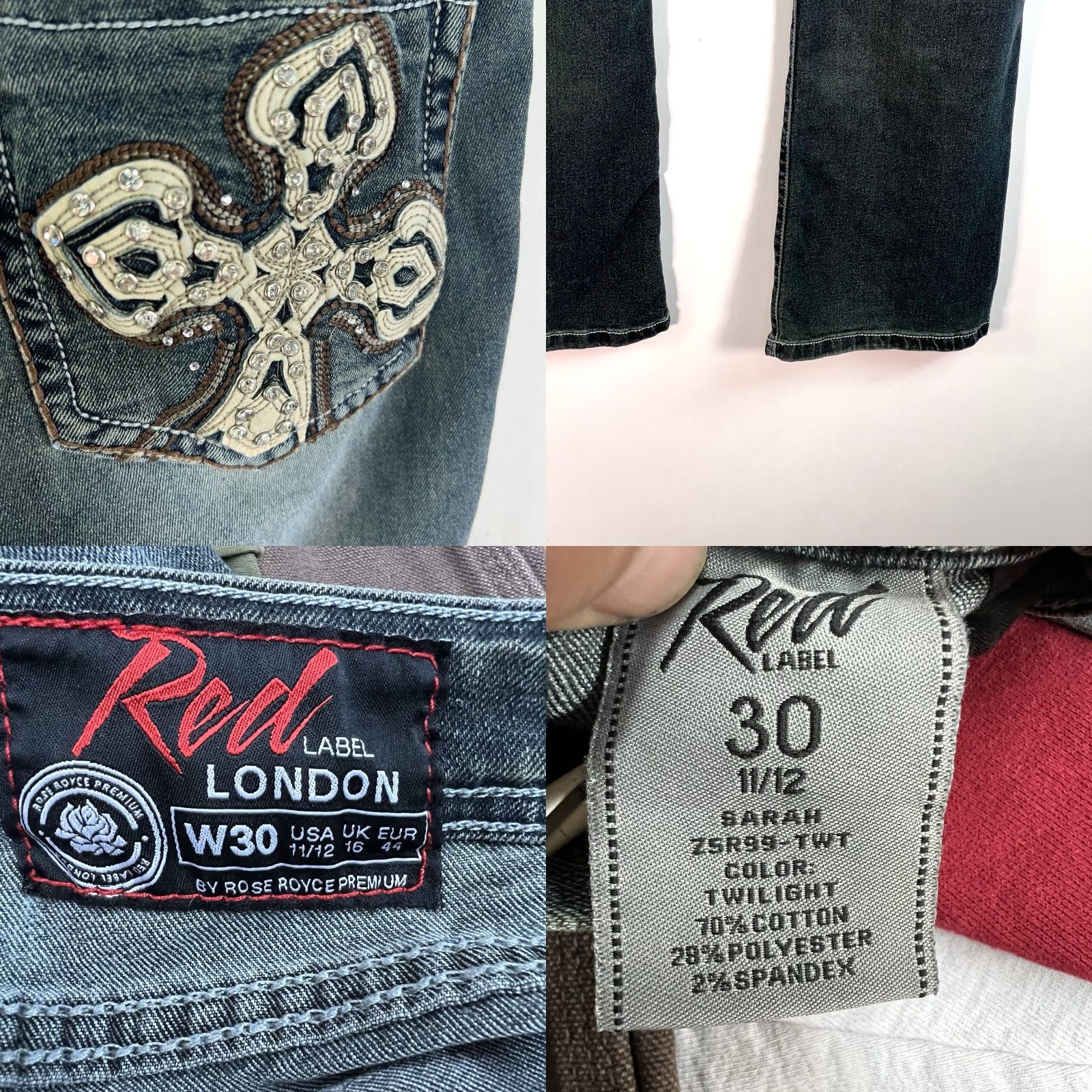 Vintage VINTAGE Red Label London Rose Royce Denim Jeans Womens 30 35X33 Blue Dark Wash Rhinestone Zipper Straight 5-Pocket Size 30" / US 8 / IT 44 - 9 Thumbnail