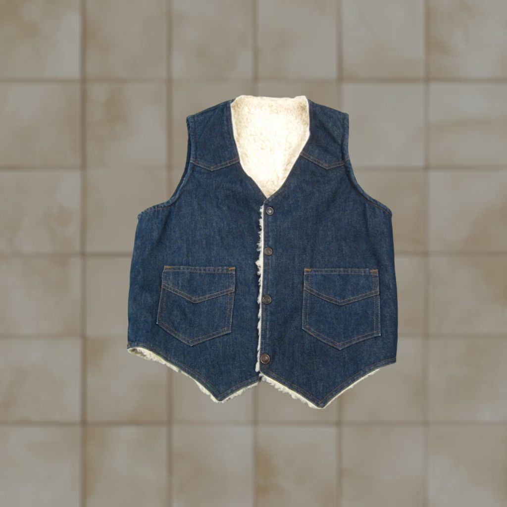 Denime VINTAGE Western Trucker Vest Mens Small 38 Blue Sherpa Lined Denim 60s 50s 80s 90s Size US XXS / EU 40 - 1 Thumbnail