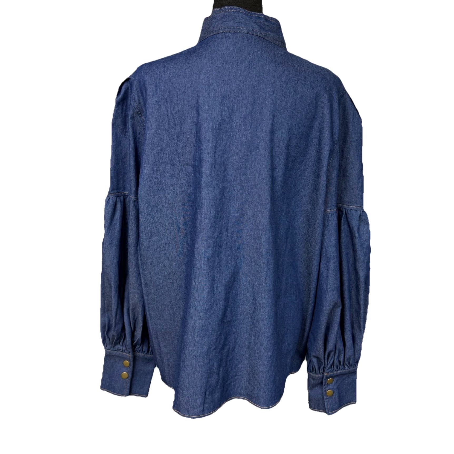 Vintage Uoozee Blouse Puff Sleeve Bow Buttoned Split-Joint High Neck Denim 100% Cotton Sz 3XL Womens Blue Size XXL / US 16-18 / IT 52-54 - 2 Thumbnail