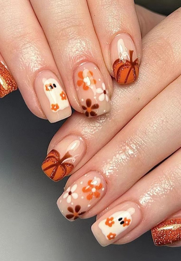 Other Press on Fake Nails Short Square with Pumpkin Flower Design Size ONE SIZE - 4 Thumbnail