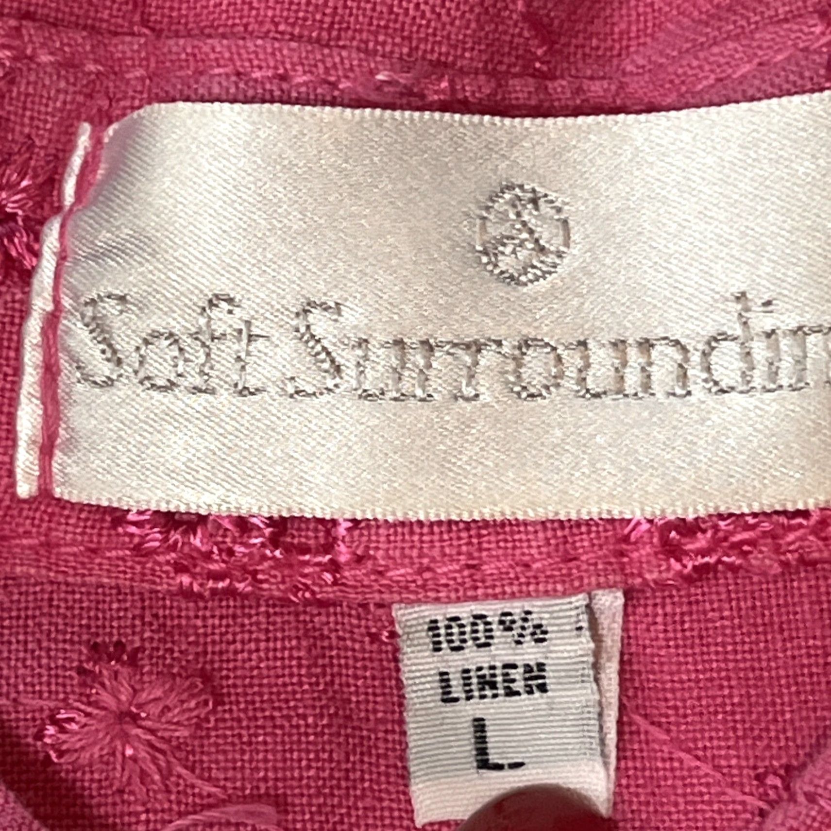 Soft Surroundings Soft Surroundings Shirt Women L Pink Linen Button-Up Collared Embroidered Flower Cut Outs Size L / US 10 / IT 46 - 2 Thumbnail