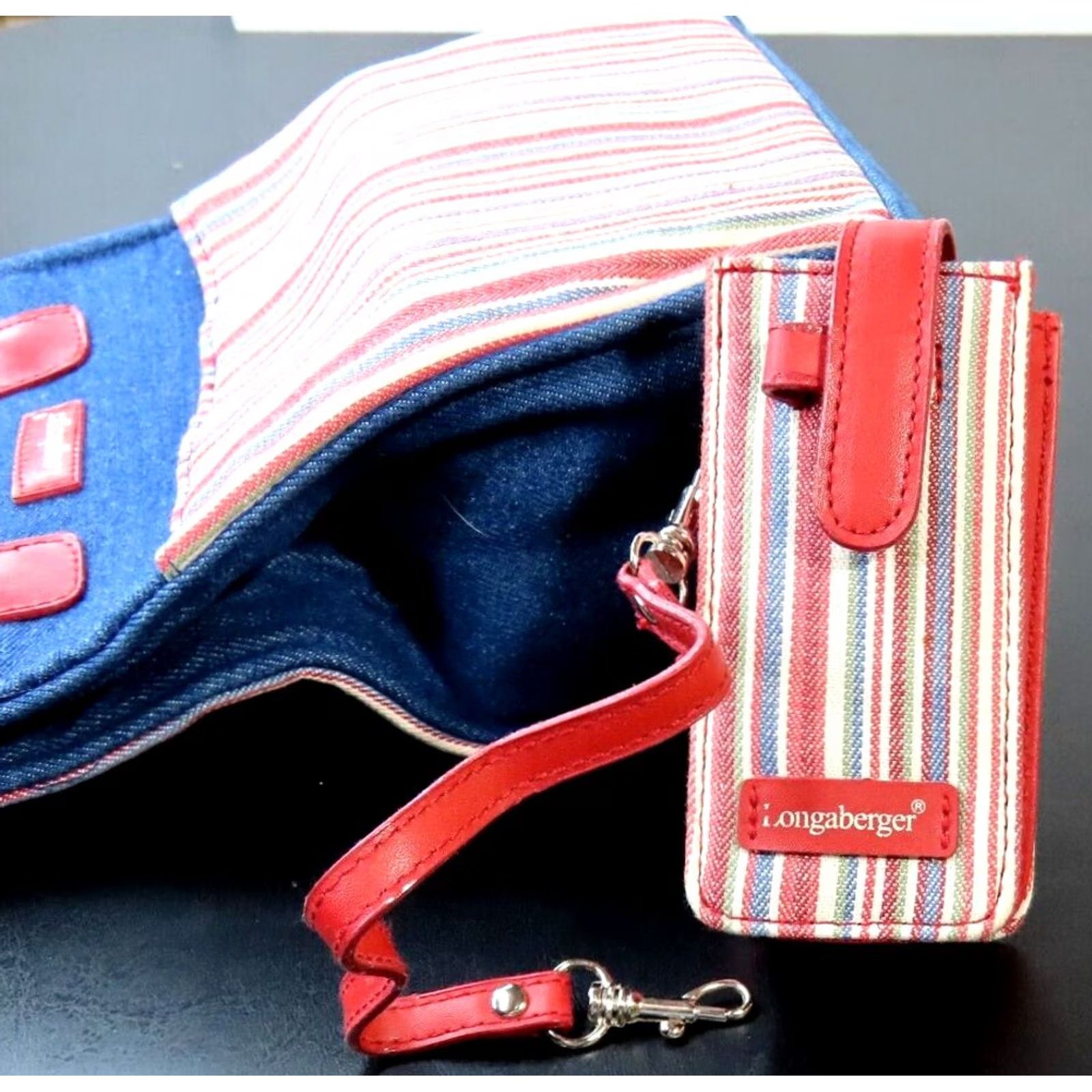 Vintage Longaberger Mini Tote Canvas Denim Red White Blue Striped Tote Bag Women Small Blue 9x7x4 Varsity Striped Red White Blue Men? Size ONE SIZE - 7 Thumbnail
