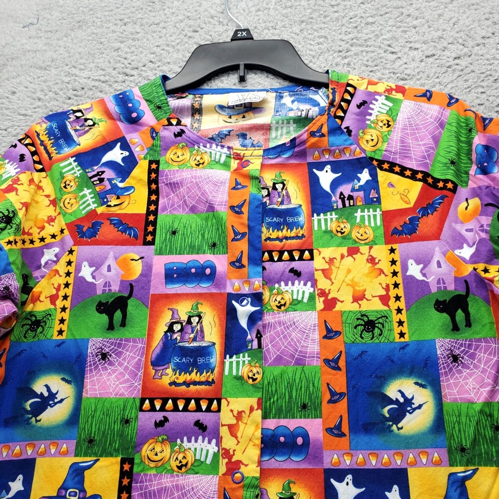 Vintage White Swan Fall Halloween Scrub Top Womens M Multi Pumpkin & Witches Print Snap Front Size M / US 6-8 / IT 42-44 - 5 Thumbnail