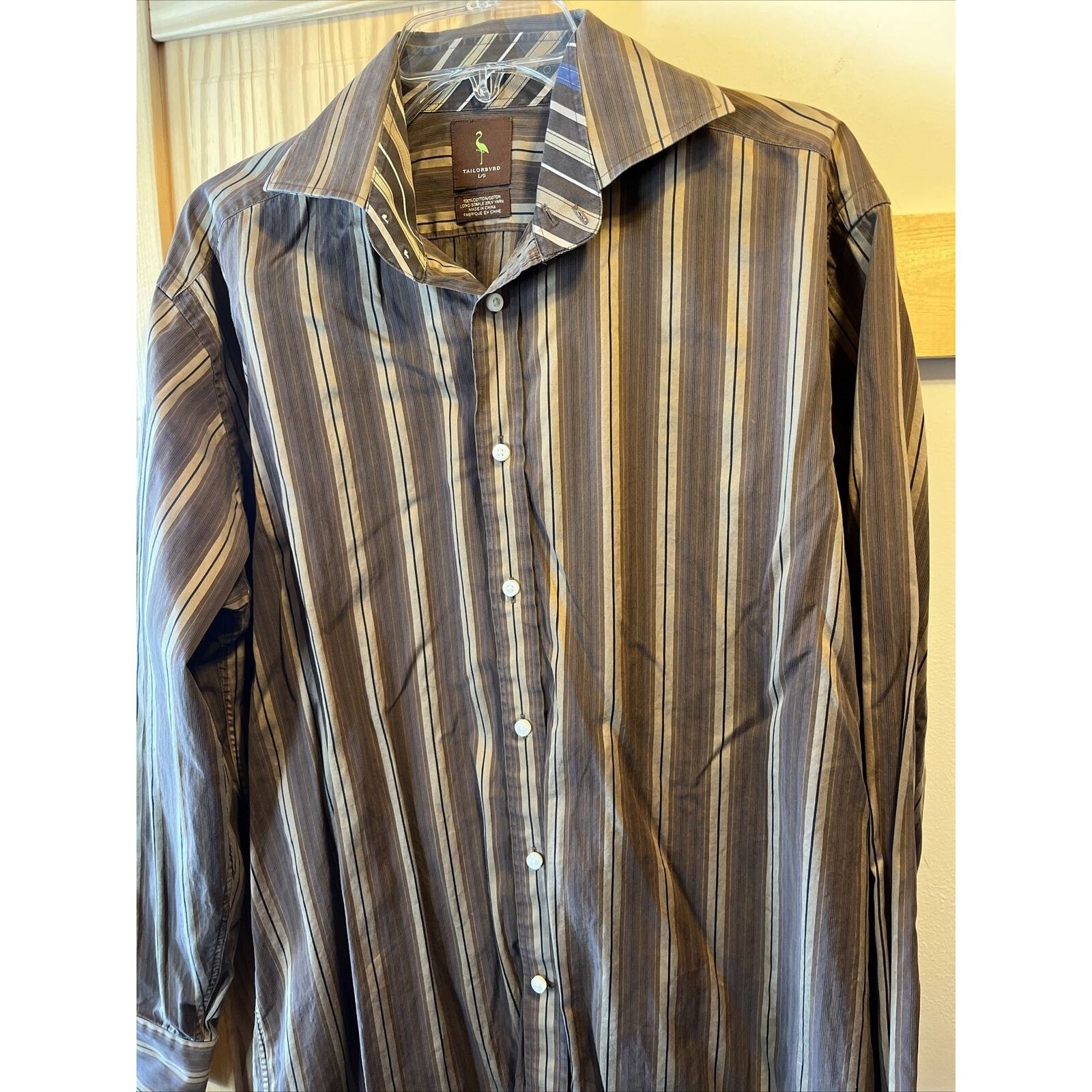 Tailorbyrd TAILORBYRD Men L Striped Brown Gold Long Sleeve cotton Shirt Size US L / EU 52-54 / 3 - 11 Thumbnail