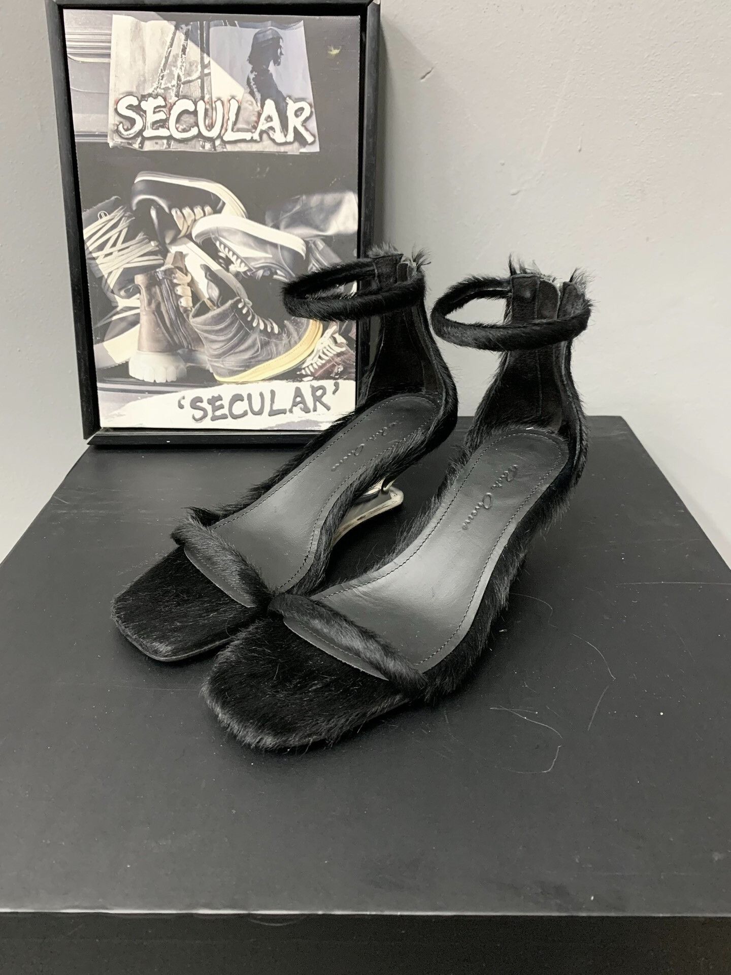 Rick Owens Black Fur High Heeled Sandals