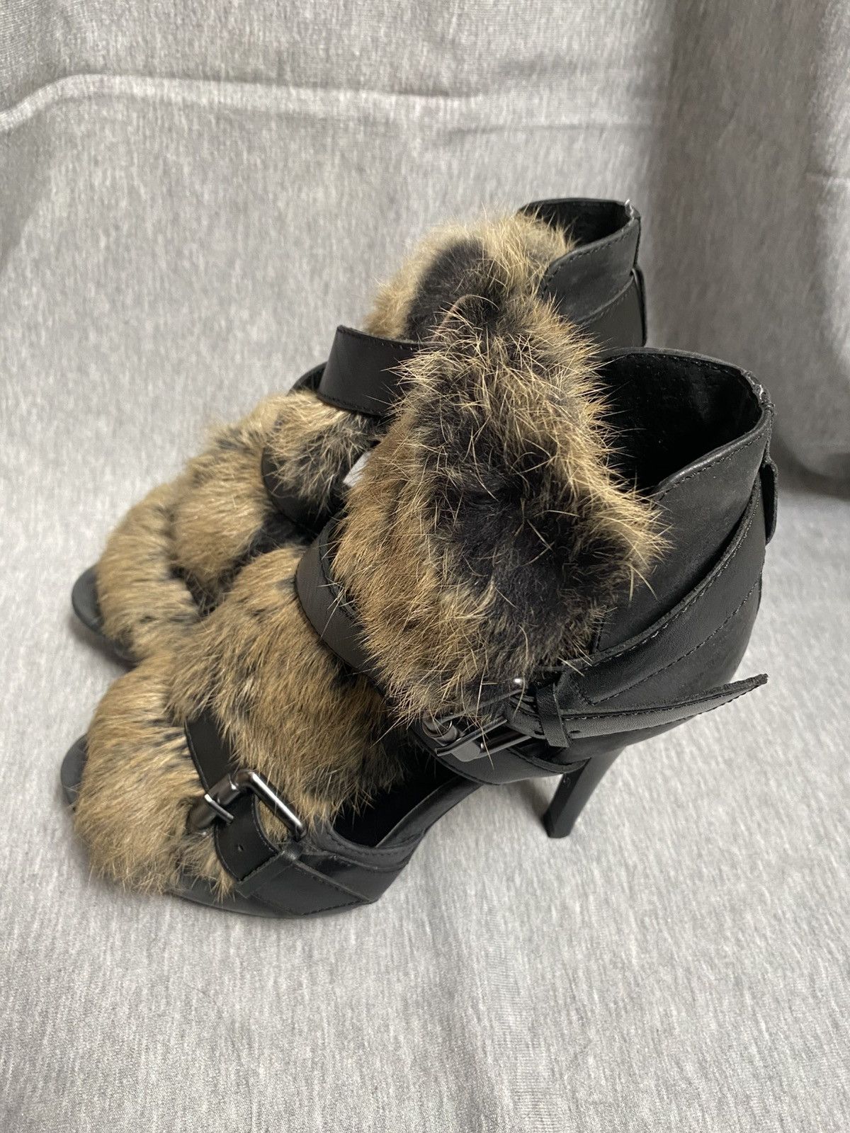 ASH Leather and rabbit fur heels with straps and metal buckles Size US 8 / IT 38 - 2 Thumbnail