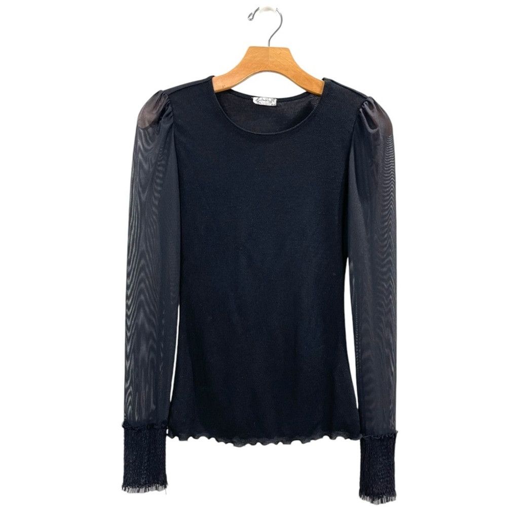 Free Planet Free People Turn It Up Black Long Mesh Sleeve Ribbed Top S Size S / US 4 / IT 40 - 2 Thumbnail