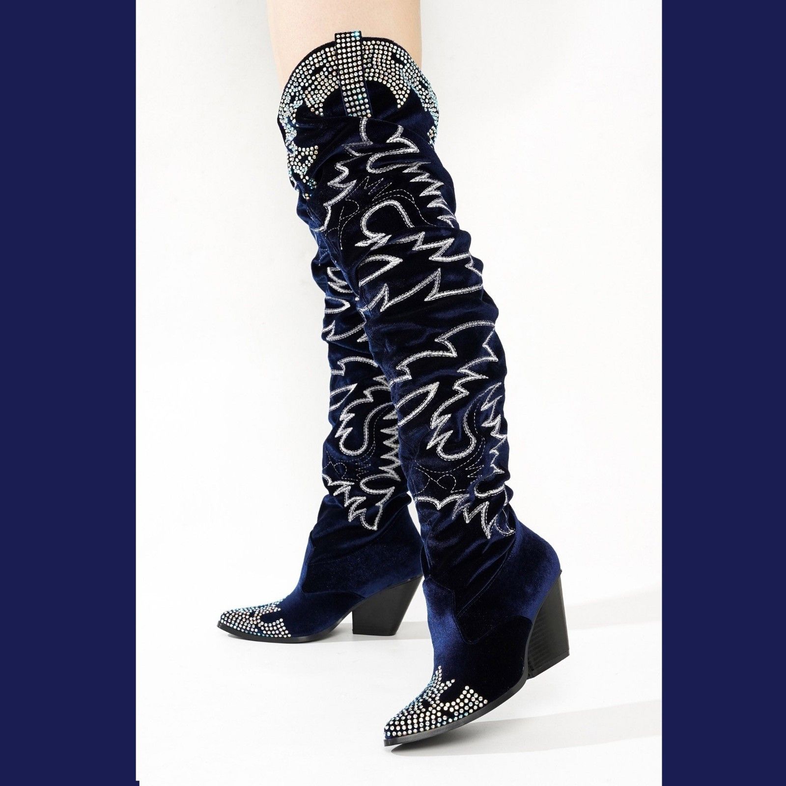 Other Delish Blue Velvet Western Slouch OTK Thigh High Cowboy Boot Size US 10 / IT 40 - 7 Thumbnail