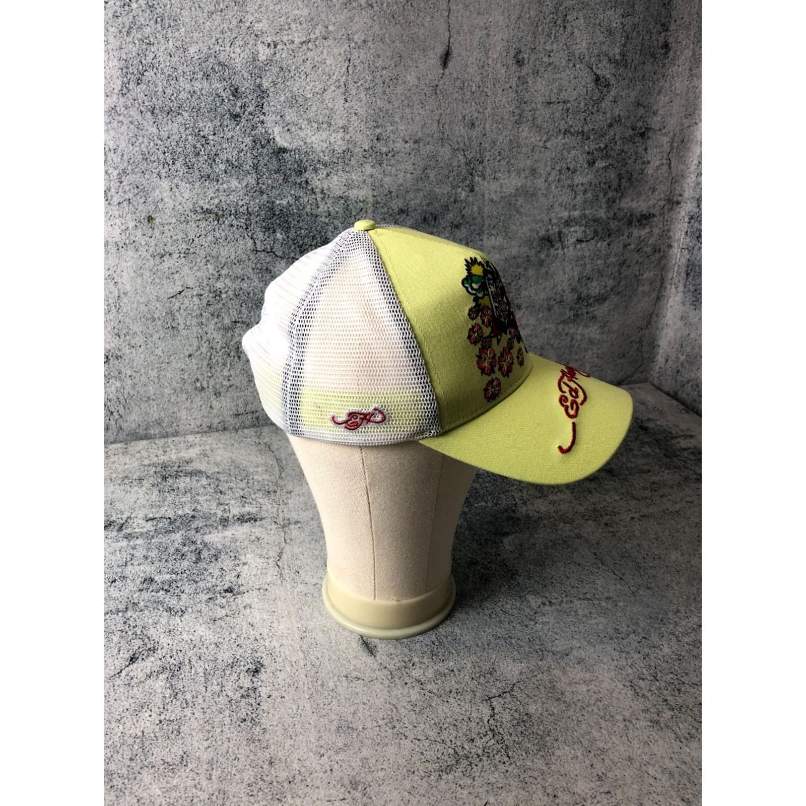 Ed Hardy Ed Hardy Men's Trucker Cap Yellow Cotton Adjustable Embroidered Floral Love Hat OSFA Size ONE SIZE - 4 Thumbnail