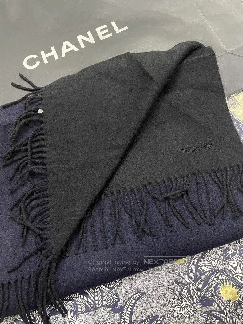 Hermes Hermes Black Blue Mixed Cashmere Fringe Scarf Size ONE SIZE - 2 Thumbnail