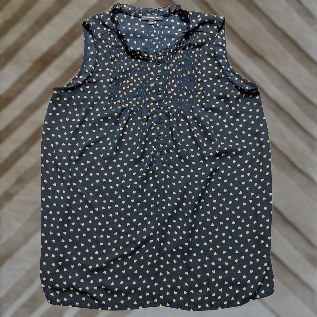 Adrianna Papell Adrianna Papell Navy Blue Gold Heart Print Sleeveless Ruffle Neck Blouse Small Women Shirt Female Office Wear Plaid? Wait Size S / US 4 / IT 40 - 1 Thumbnail