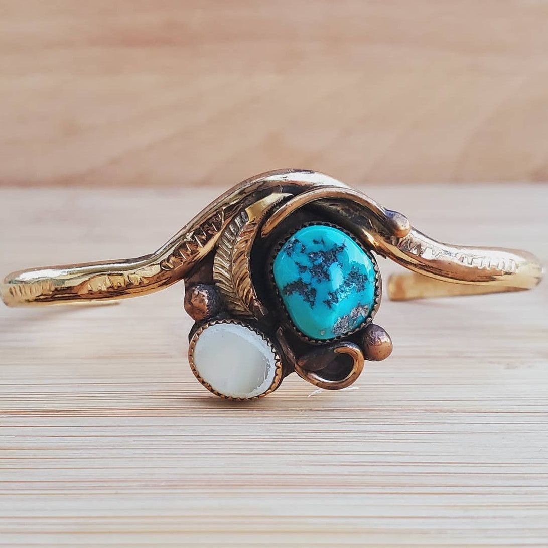 image of Navajo Turquoise Sterling Silver Gf Gold Filed Cuff Bracelet in Blue, Women's