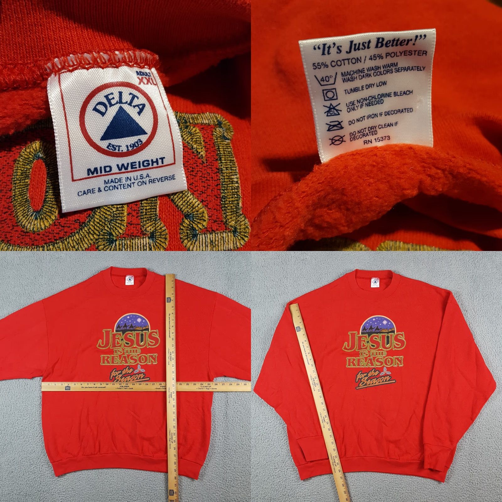 Delta VINTAGE Jesus Is The Reason Christmas Delta Sweatshirt Pullover Crewneck Men 2XL Red 90s Christmas University USA Retro Sports Graphic Print Size US XXL / EU 58 / 5 - 8 Thumbnail