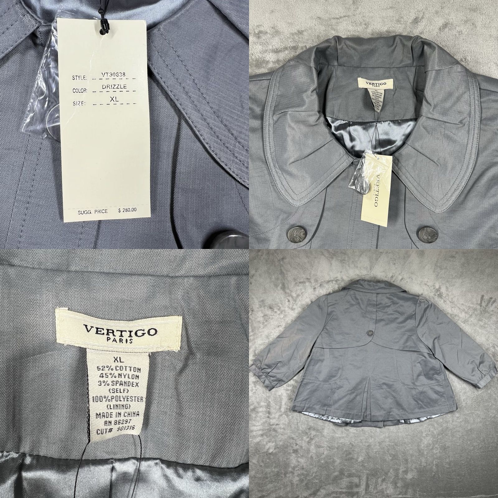 Vintage VINTAGE Vertigo Paris Women’s Swing Style Jacket Gray XL VT30638 Pea Coat Button Closure Women's Jacket Paris Theme Size XL / US 12-14 / IT 48-50 - 8 Thumbnail