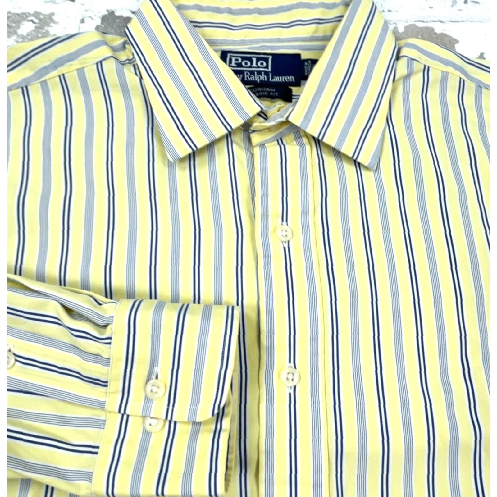 Polo Ralph Lauren VINTAGE Polo Ralph Lauren Shirt Men Large Yellow Blue Button Up Striped Dress 16.5 34 Size 46R - 2 Thumbnail