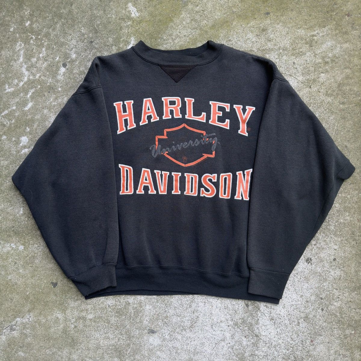 image of 1990S Faded Harley Davidson University Crewneck Sweatshirt in Black, Men's (Size Large)