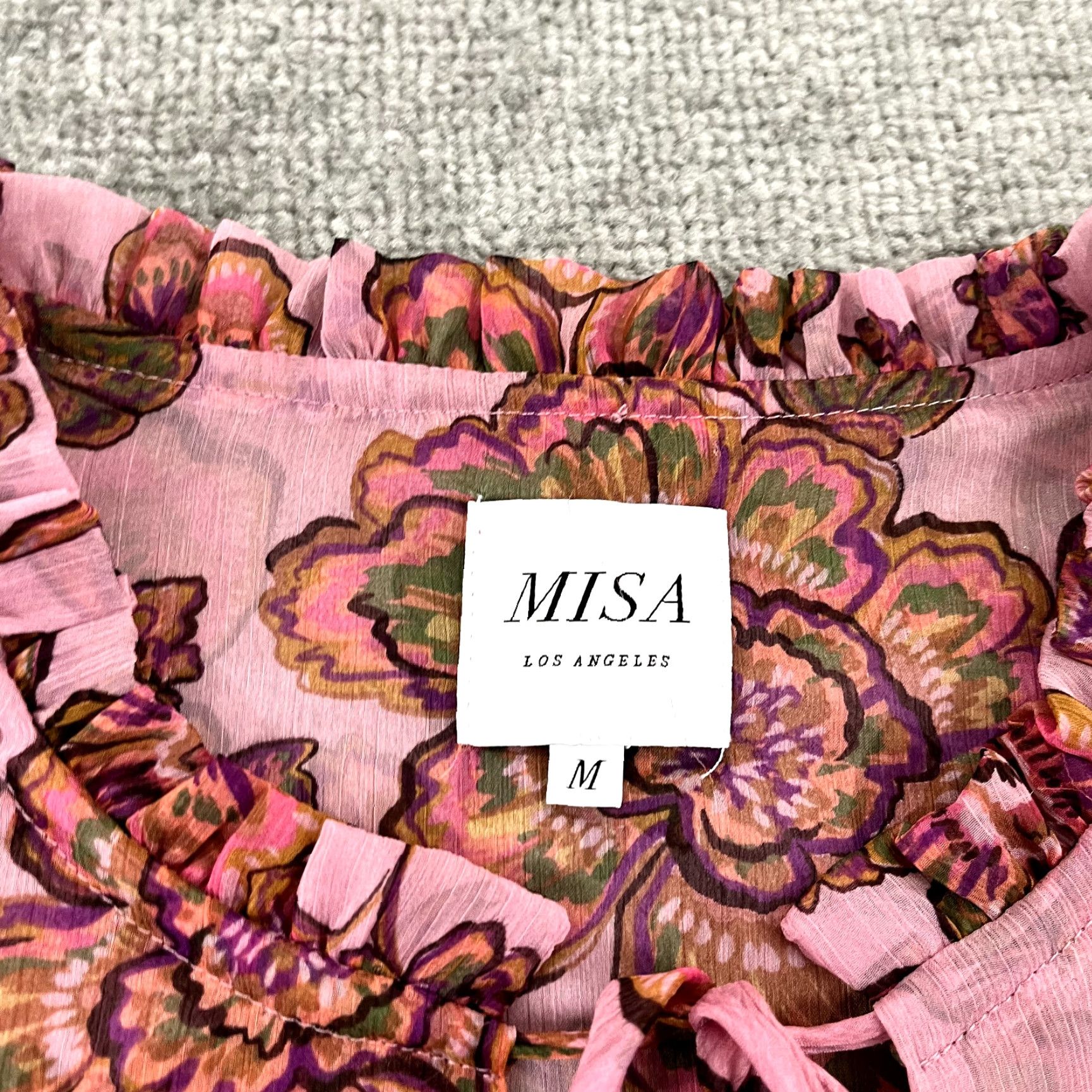 Vintage MISA Top Womens Medium Pink Floral Sheer Layered Sleeve Peasant BOHO Slit V Neck Shirt Size M / US 6-8 / IT 42-44 - 2 Thumbnail