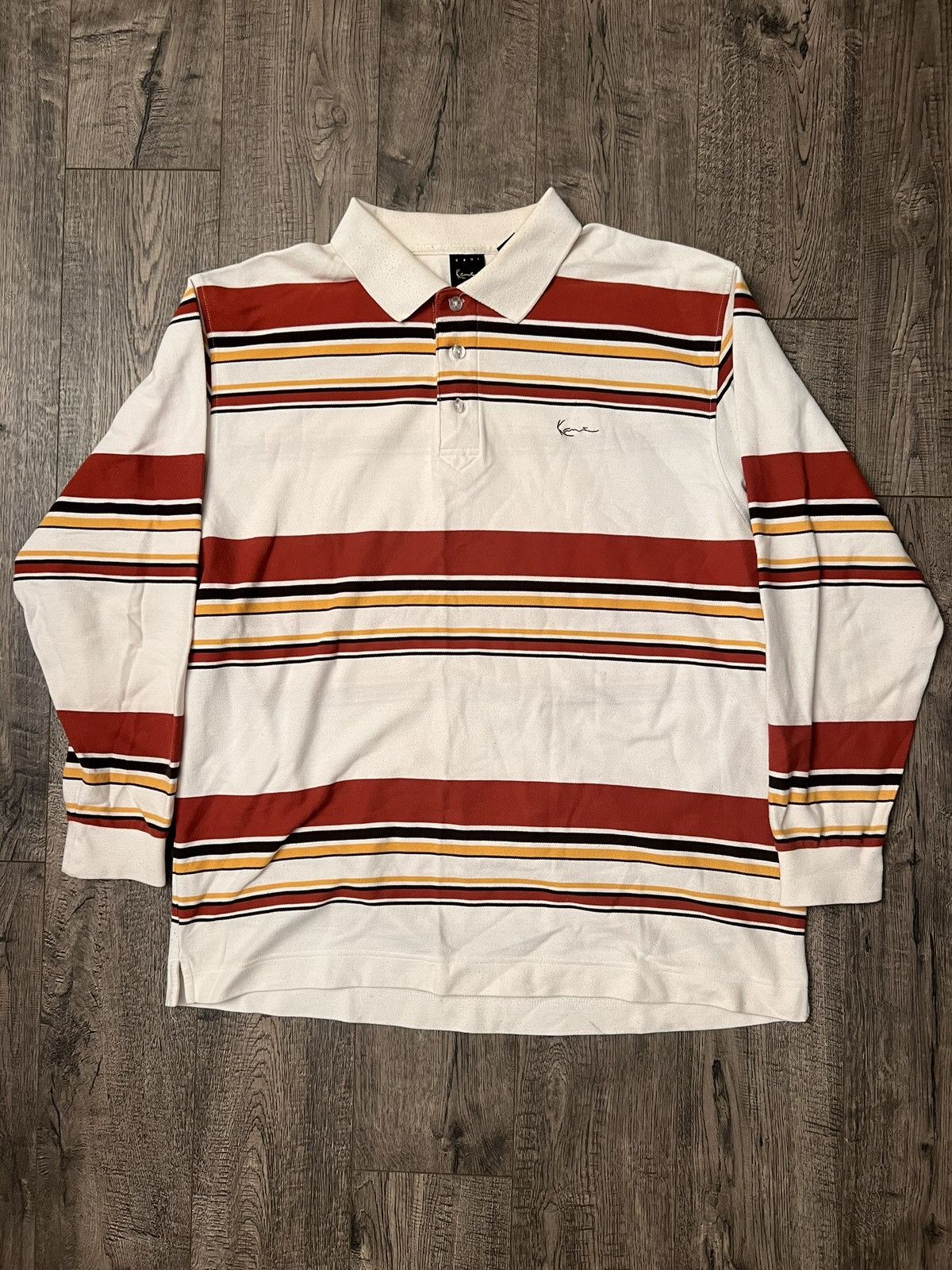Karl Kani × Vintage Karl Kani Vintage Striped Polo Shirt Red Black & Yellow XXL Size US XXL / EU 58 / 5 - 1 Thumbnail