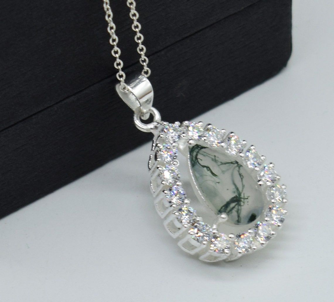 Handmade Natural Pear Moss Agate Gemstone Pendant, Bridal Gift Idea Size ONE SIZE - 4 Thumbnail