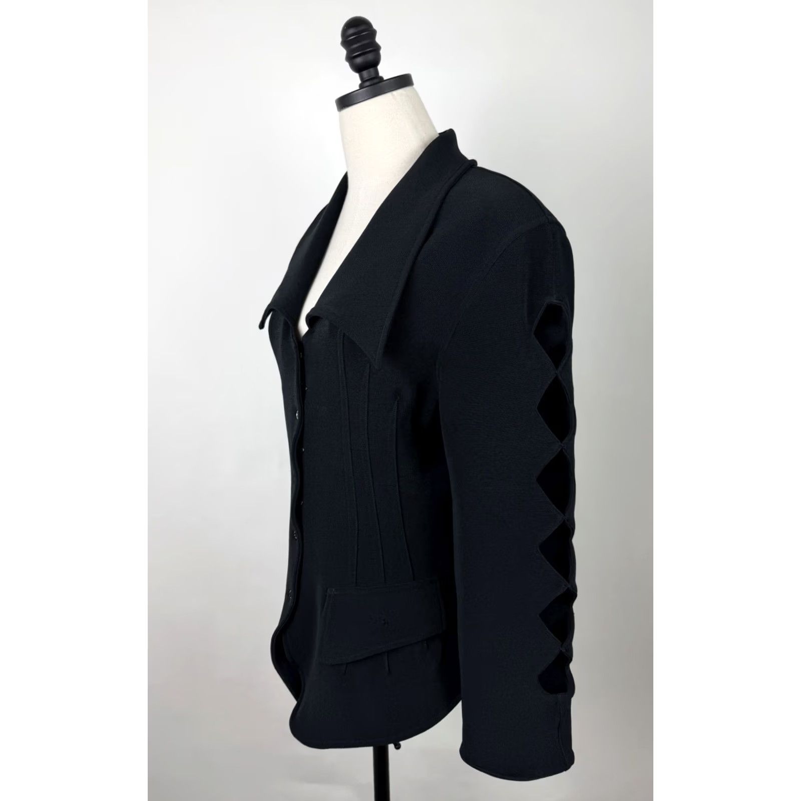 Vintage VINTAGE Etoile Blazer Shirt Womens Large Dark Black 90s Harlequin Diamond Cutouts Wide Collar Shoulder Pads Grunge Retro 90s Size L / US 10 / IT 46 - 7 Thumbnail