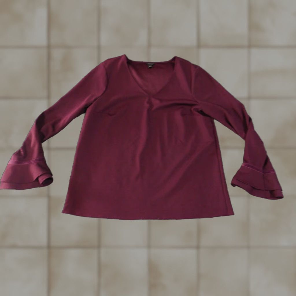Ann Taylor VINTAGE Ann Taylor Shirt Womens Large Burgundy V Neck Bell Sleeve Ruffle Cuffs Stretch Size L / US 10 / IT 46 - 1 Thumbnail