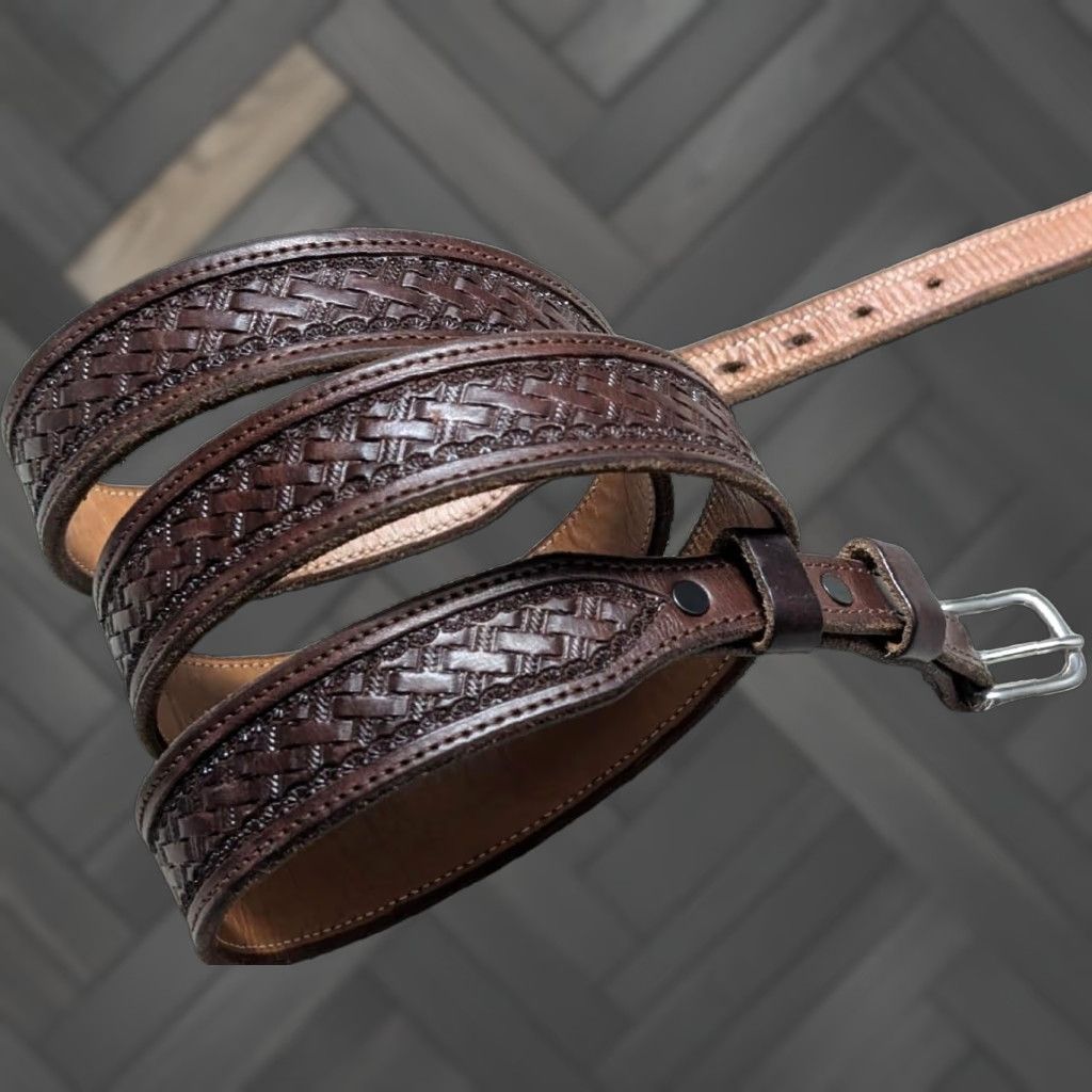 Vintage VINTAGE Big Bend Saddlery Western Belt Men 48 Brown Tooled Ranger Buckle Leather Cowhide Belt Width 1-1/4” XS? Size ONE SIZE - 1 Thumbnail