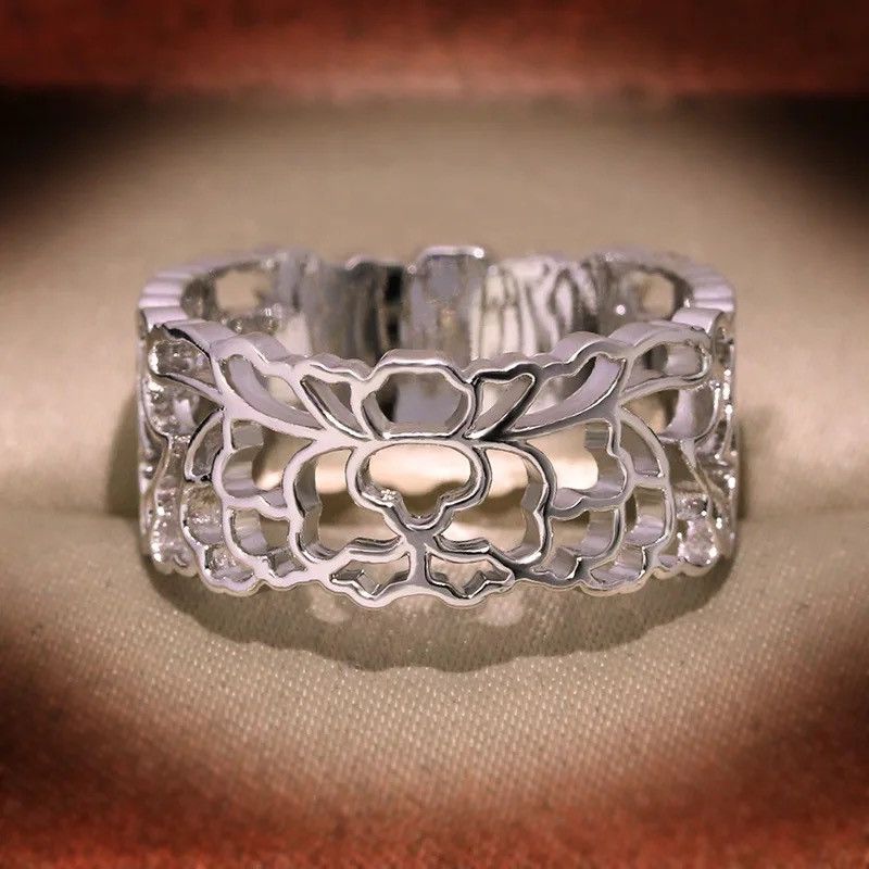 Designer × Jewelry × Sterling Silver 925 Silver Jewelry Unique Design Hollow Lace Pattern Ring Size ONE SIZE - 4 Thumbnail