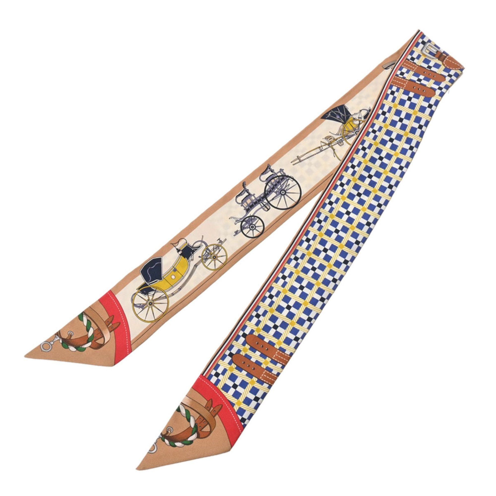 image of Hermes Twilly Les Voitures Nouvelle Blue/beige/rouge 064108S Women's 100% Silk Scarf Muffler in Whi