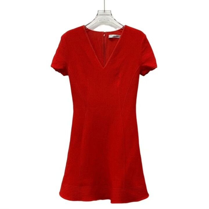 Dior Dior Red Ruffled Hem Wool V-Neck Dress Size S / US 4 / IT 40 - 1 Thumbnail