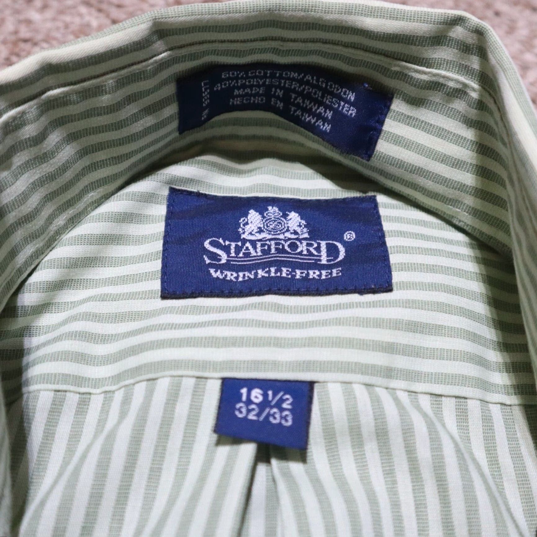 Stafford VINTAGE Stafford Men's Long Sleeve Button-Up Shirt Green White Stripes 16.5 Collared Cotton Blend Size US L / EU 52-54 / 3 - 2 Thumbnail