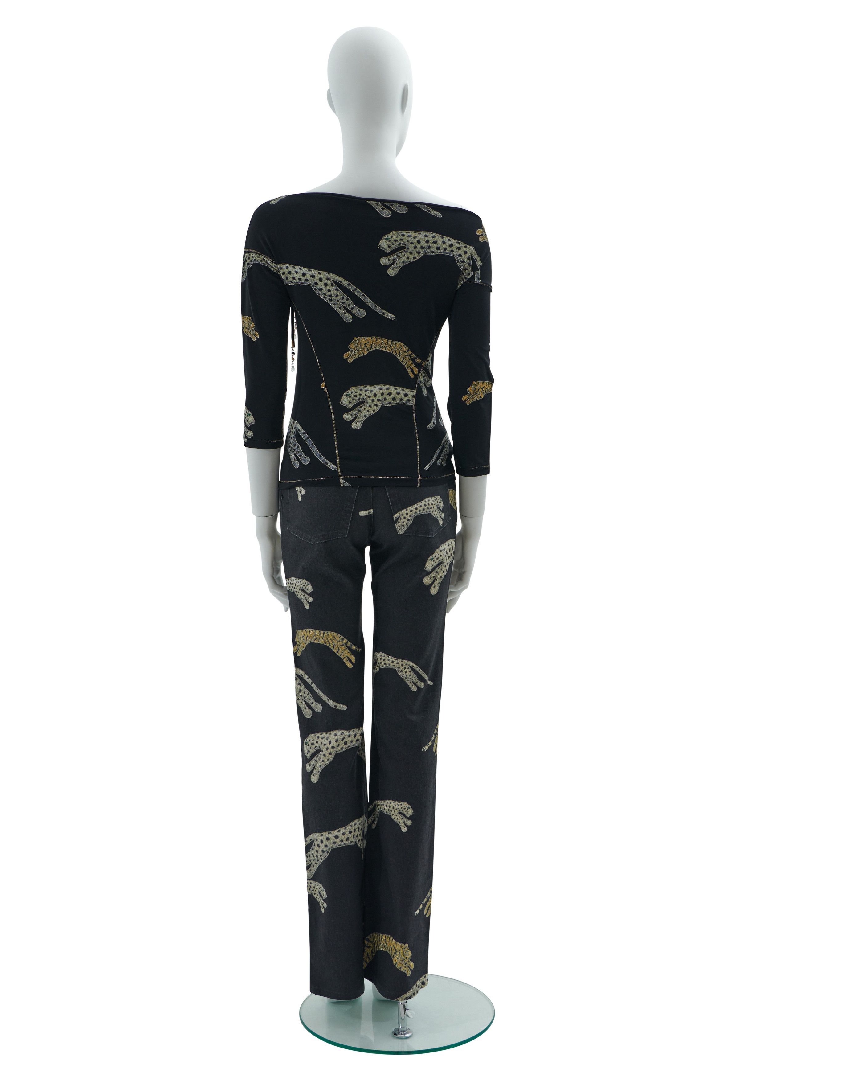 Roberto Cavalli F/W 2002 Black Leopard and tigers print top and pants set Size XS / US 0-2 / IT 36-38 - 3 Thumbnail