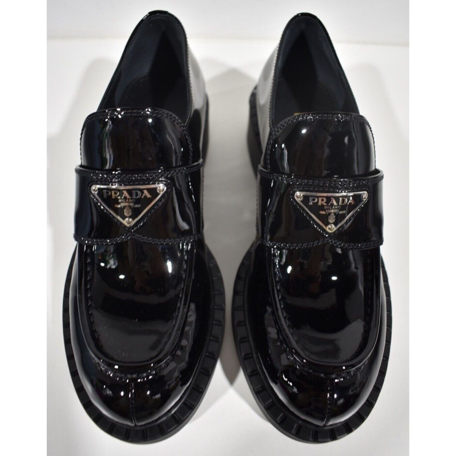 Prada Prada Chocolate Black Patent Leather Silver Logo Platform Size US 11.5 / IT 41.5 - 12 Thumbnail