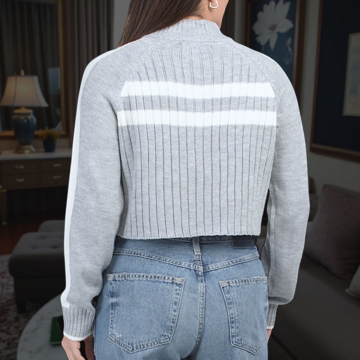 Other Cotton Emporium Women’s Gray White Zip Up Crop Sweater Sz L Size L / US 10 / IT 46 - 3 Thumbnail