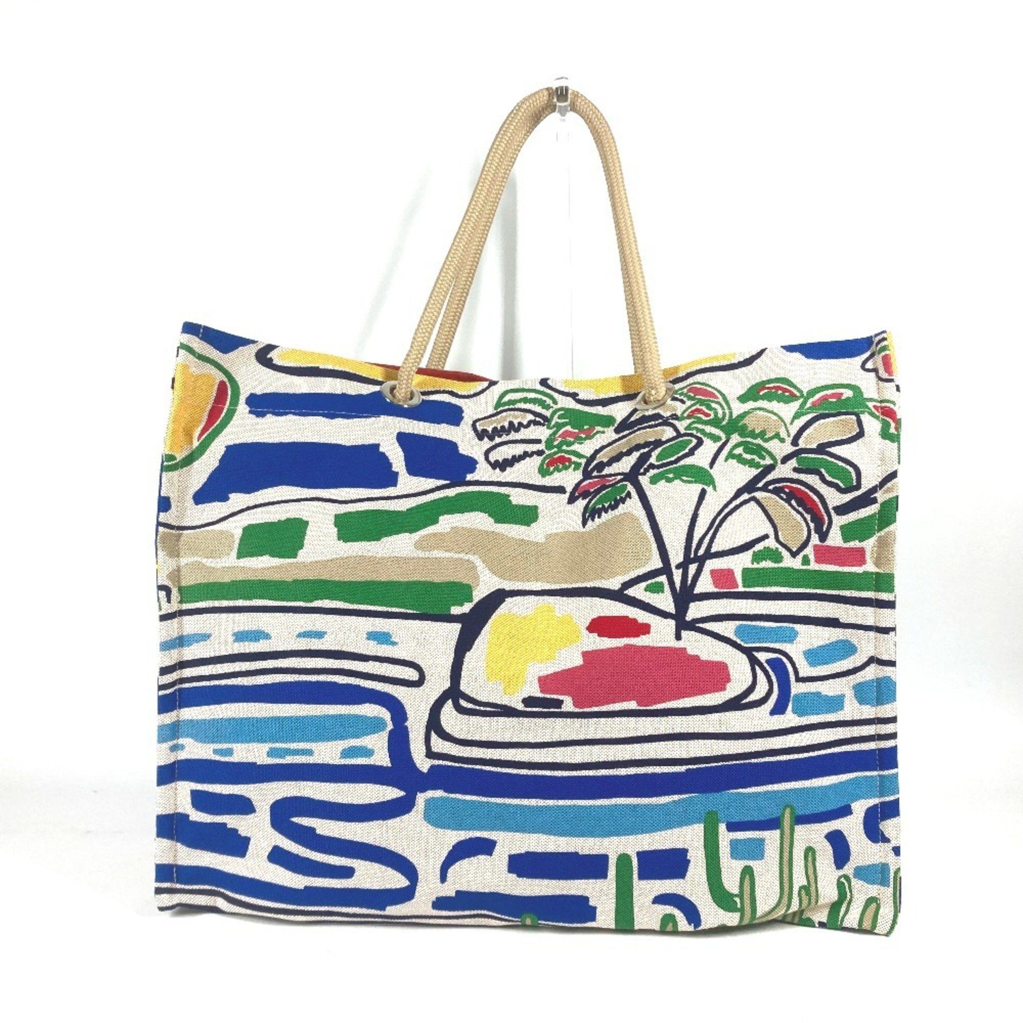 Hermes Beach Bag Farniente Tote Shoulder Canvas Women's Rouge Jaune Multicolor