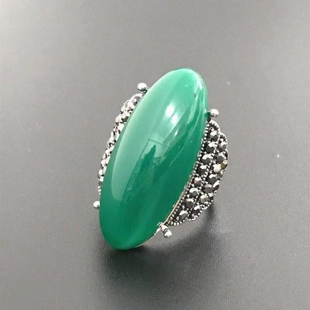 Designer Vintage 32mm Green Amber Antique Silver Ring - Size 8 Size ONE SIZE - 6 Thumbnail