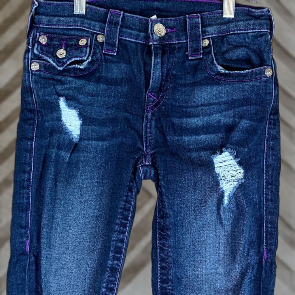 True Religion True Religion Womens Jeans Capri Blue Denim Distress Stretch Purple Stitching 26 Size 26" / US 2 / IT 38 - 1 Thumbnail
