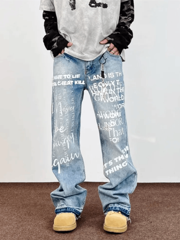 Japanese Brand Letter Printed Washed Blue Jeans Size US 32 / EU 48 - 1 Thumbnail