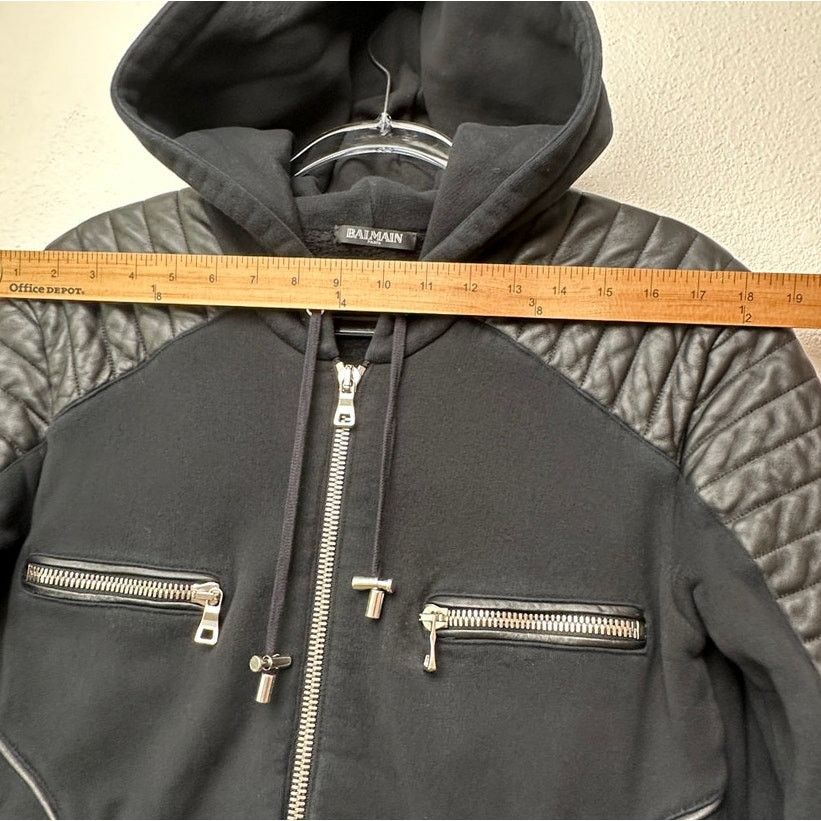 Balmain Balmain Black Moto Hoodie Leather-Shoulder Zip Sweatshirt M Size US M / EU 48-50 / 2 - 13 Thumbnail