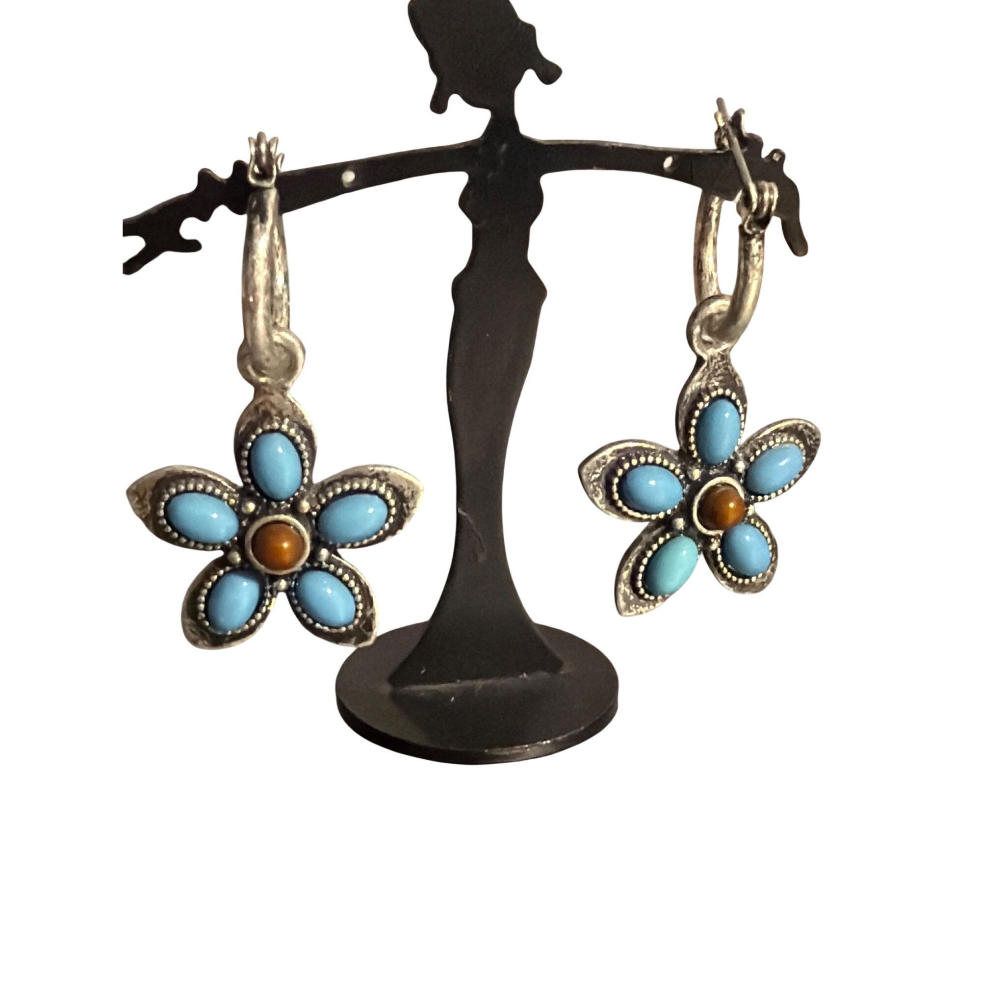 Other Vintage Silver Tone Hoop Dangle Earring Flower Turquoise Bro Size ONE SIZE - 1 Thumbnail