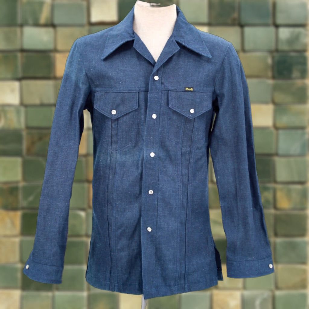 Wrangler VINTAGE Wrangler Denim Jacket Shirt Mens XS 70s 1970s Pearl Snap Blue Wrangler Denim Jacket 70s Mens XS Size S Size US 29 - 1 Thumbnail