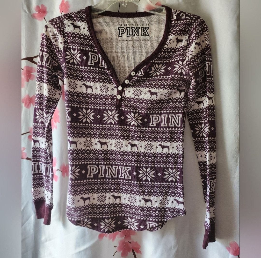 Victoria's Secret Victoria's Secret PINK Thermal Holiday Dog Burgundy LS PJ XS Size XS / US 0-2 / IT 36-38 - 1 Thumbnail