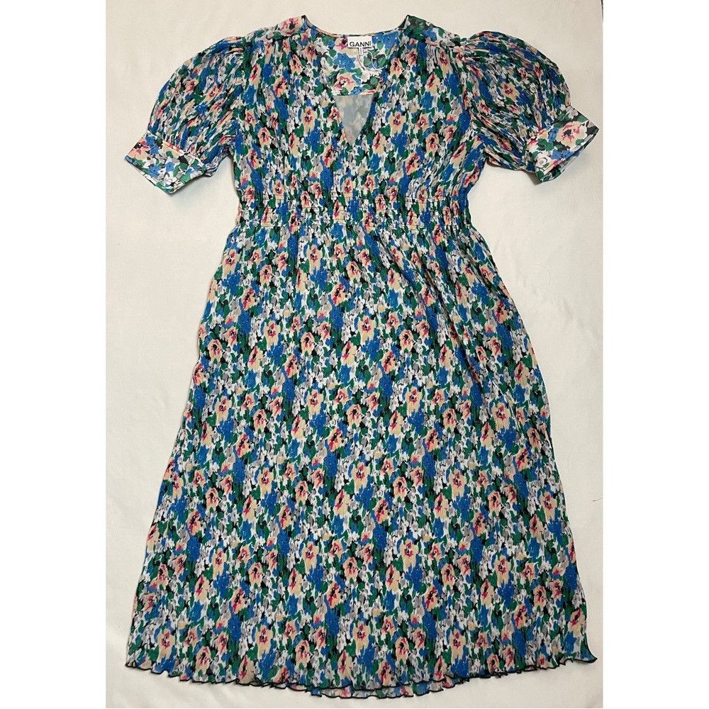Ganni NWT New $325 GANNI Multicolor V-Neck Midi Floral Azure Blue Size L / US 10 / IT 46 - 3 Thumbnail