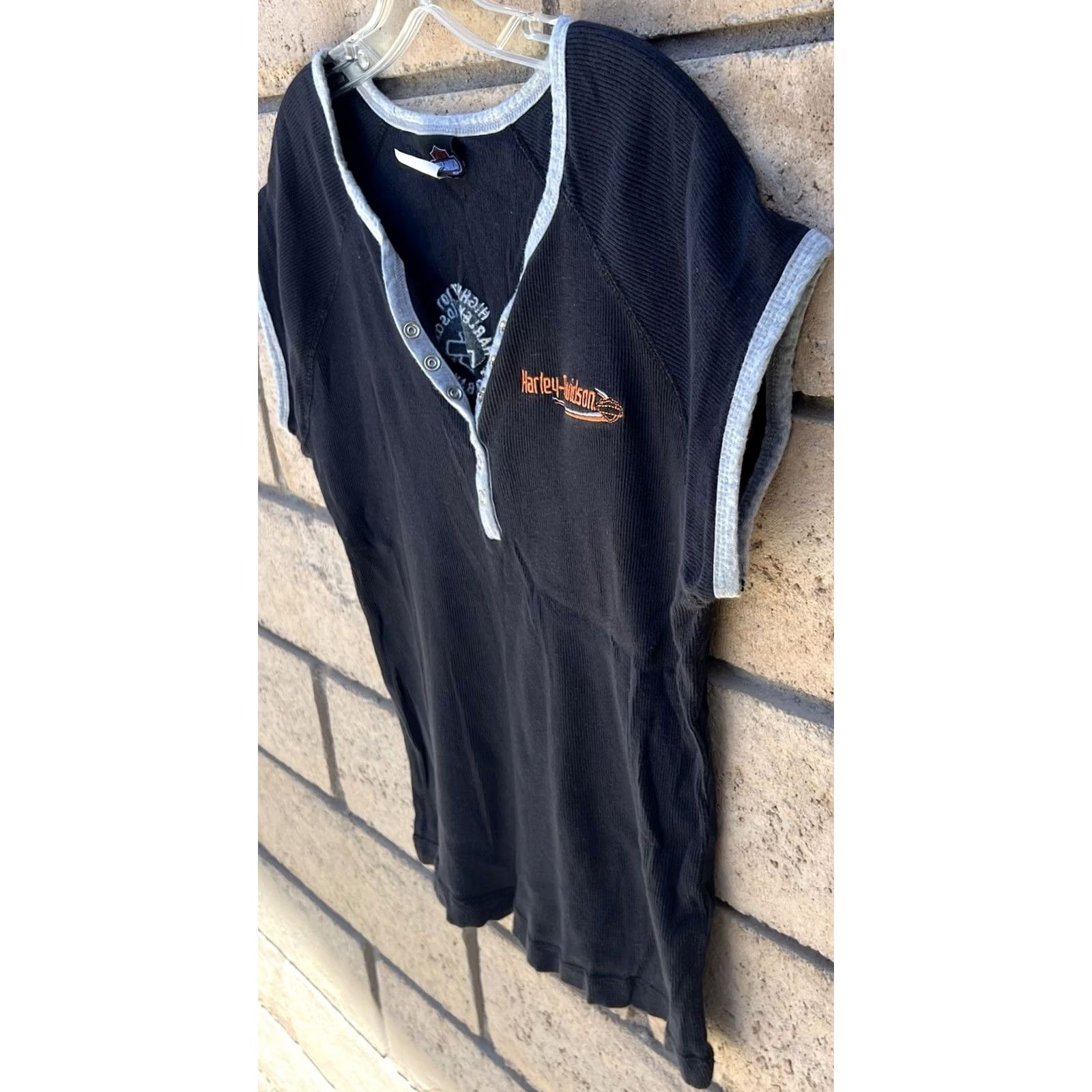 Harley Davidson Harley-Davidson Womens Ribbed Henley T Shirt Black Y2K Fitted Motorcycle Top L Size L / US 10 / IT 46 - 3 Thumbnail